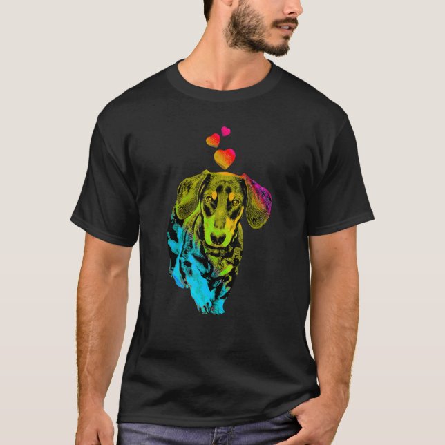 Rainbow Färg Dachshund Hund med hörselfärger 6 T Shirt (Framsida)