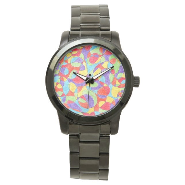 Rainbow Färg Hand plockade Crayon Doodle Mönster Armbandsur (Framsida)