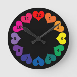 Rainbow Färg Hearts on Black Clock med siffror Rund Klocka