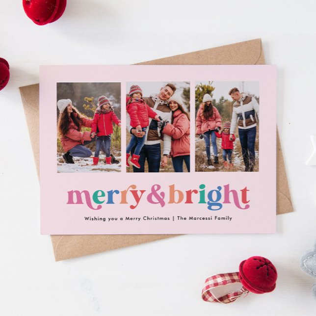 Rainbow Färg Merry och Bright Modern 3-Photo Julkort (colourful merry and bright holiday photo card)