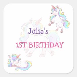 Rainbow färg Unicorn flicka födelsedag Fyrkantigt Klistermärke