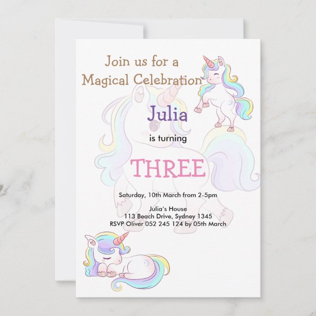Rainbow färg Unicorn flicka födelsedag Inbjudningar (Framsida)