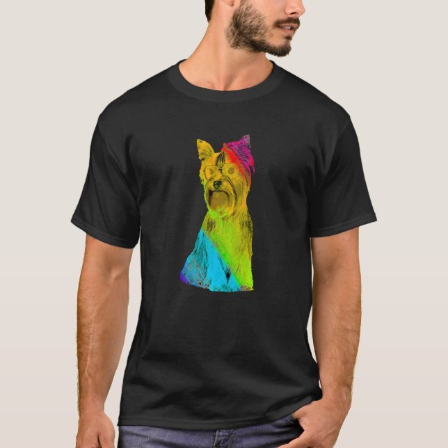 Rainbow Färg Yorkshire Terrier med Sunglasses Co T Shirt (Framsida)