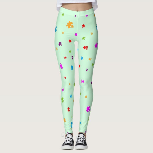 Rainbow Färgad Autism Puzzle Delar på GRÖNT Leggings (Framsida)