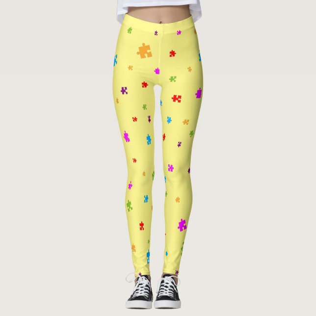 Rainbow Färgad Autism Puzzle Delar på GULT Leggings (Framsida)