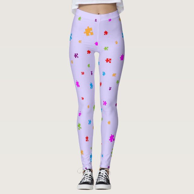 Rainbow Färgad Autism Puzzle Delar på LAVENDER Leggings (Framsida)