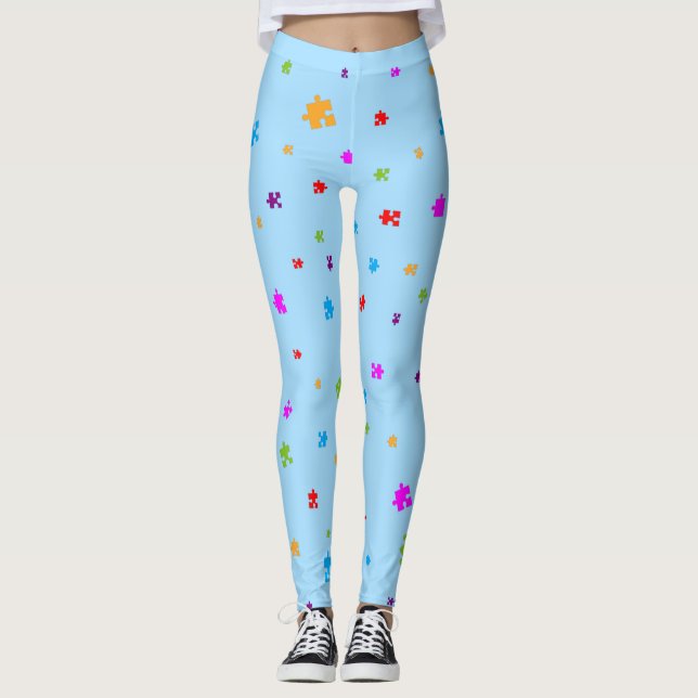 Rainbow Färgad Autism Puzzle Delar på LJUSBLUE Leggings (Framsida)