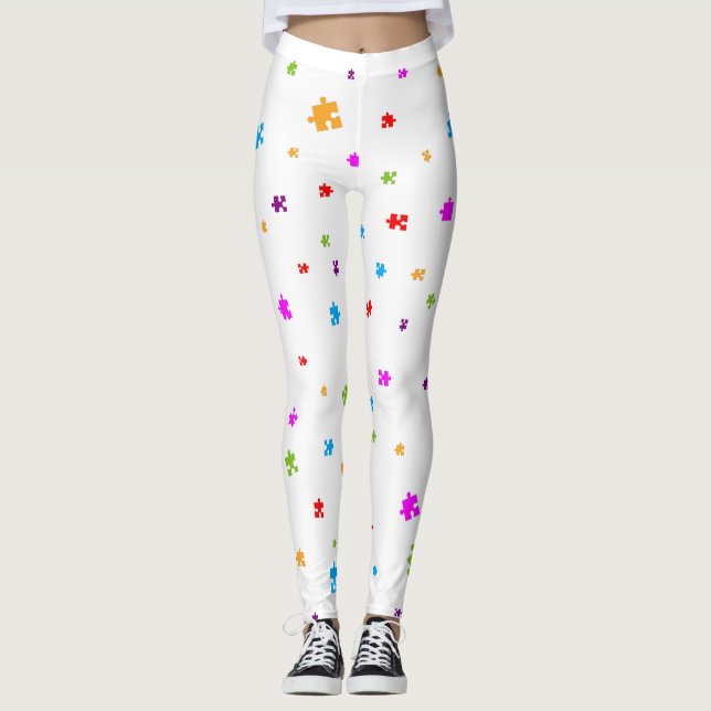 Rainbow Färgad Autism Puzzle Delar på WHITE Leggings (Framsida)
