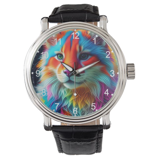 Rainbow Färgad Hårig Cat-68587 Armbandsur (Framsida)