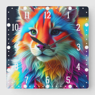 Rainbow Färgad Hårig Cat-68587 Fyrkantig Klocka
