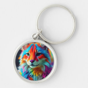 Rainbow Färgad Hårig Cat-68587 Rund Silverfärgad Nyckelring