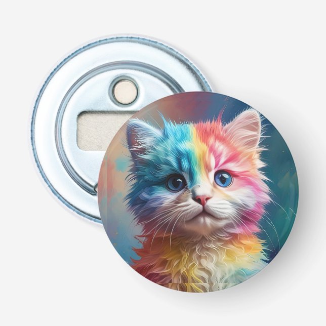 Rainbow Färgad Kitten Potrait Flasköppnare (Framsidan)