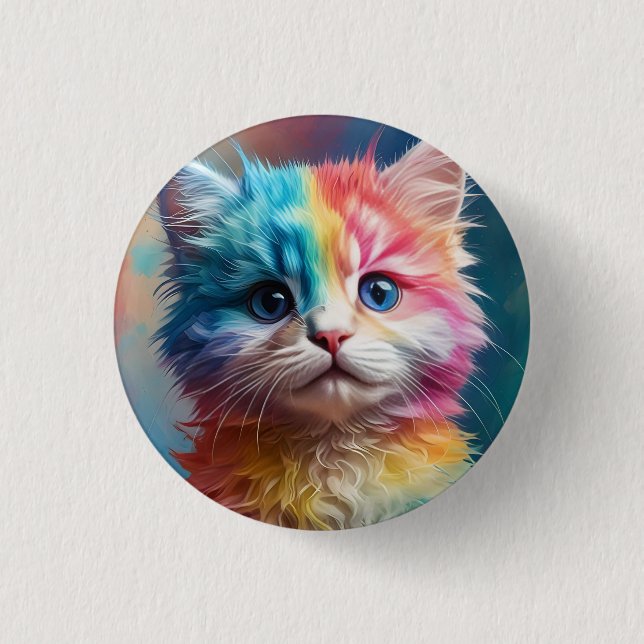Rainbow Färgad Kitten Potrait Knapp (Framsida)