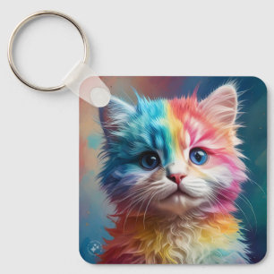 Rainbow Färgad Kitten Potrait Nyckelring