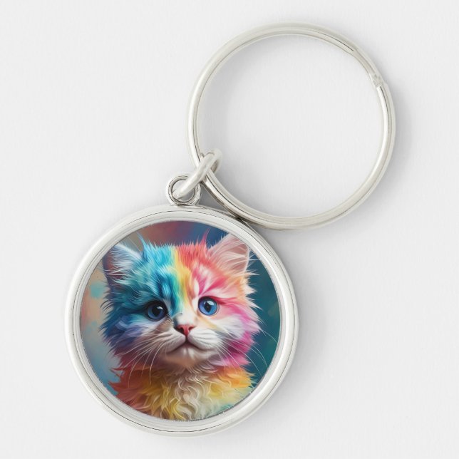 Rainbow Färgad Kitten Potrait Rund Silverfärgad Nyckelring (Framsidan)