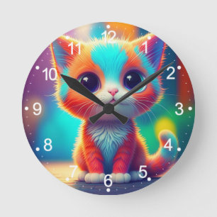 Rainbow Färgad Kitten Tecknad Rund Klocka
