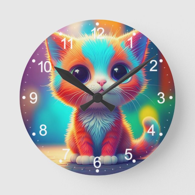 Rainbow Färgad Kitten Tecknad Rund Klocka (Framsida)