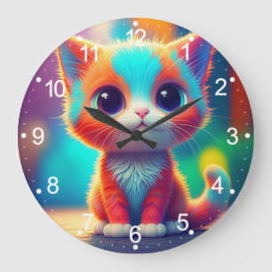 Rainbow Färgad Kitten Tecknad Stor Klocka