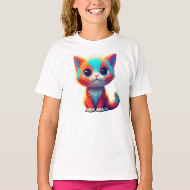 Rainbow Färgad Kitten Tecknad T-Shirt (Framsida)