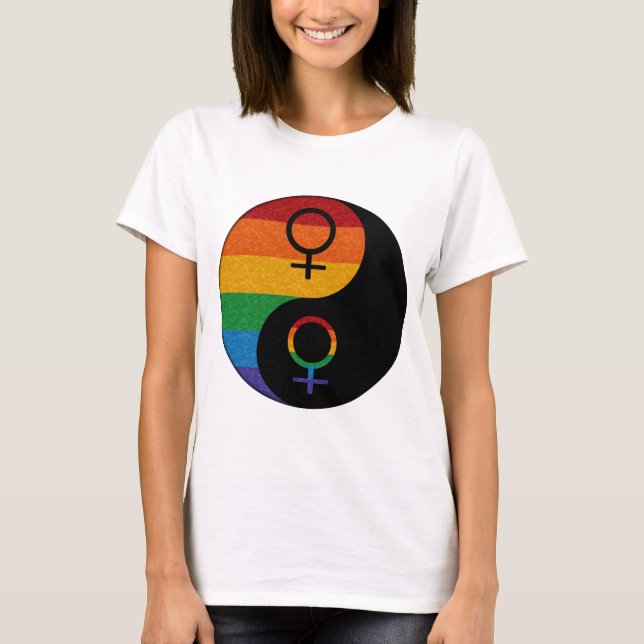 Rainbow Färgad Lesbisk Pride Yin och Yang T-shirt (Framsida)