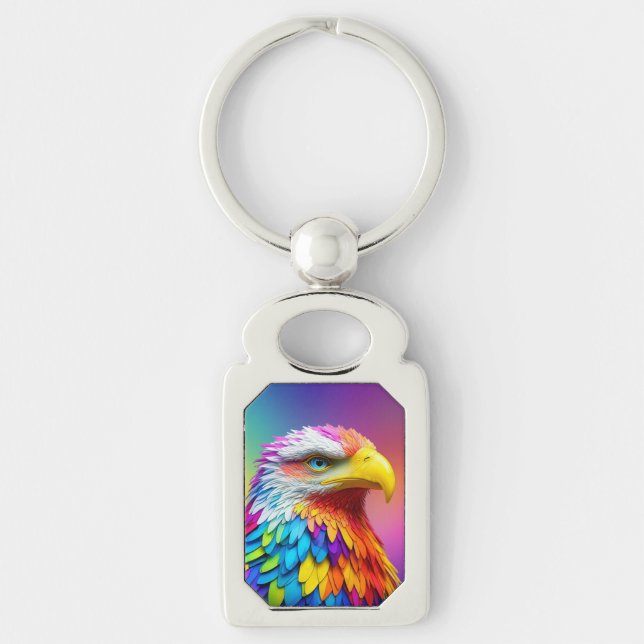 Rainbow Färgad Örn-65456 Rektangulärt Silverfärgad Nyckelring (Framsidan)