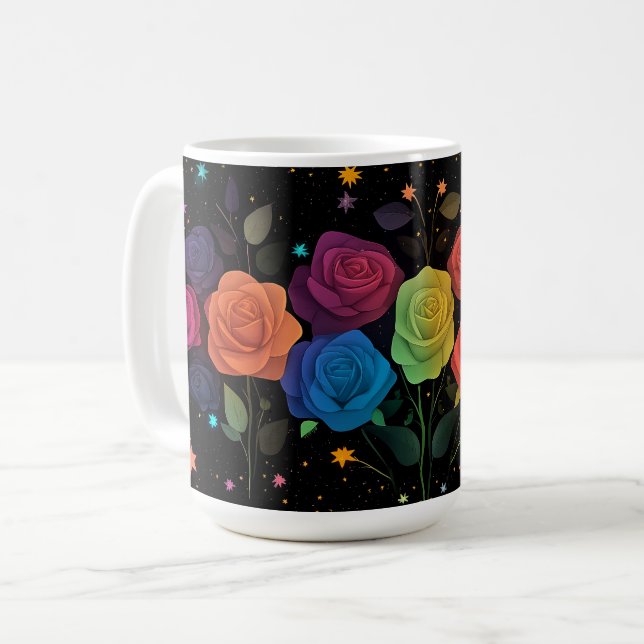 Rainbow Färgad Ro Galaxy Stars Black Whimsical Kaffemugg (Framsida vänster)