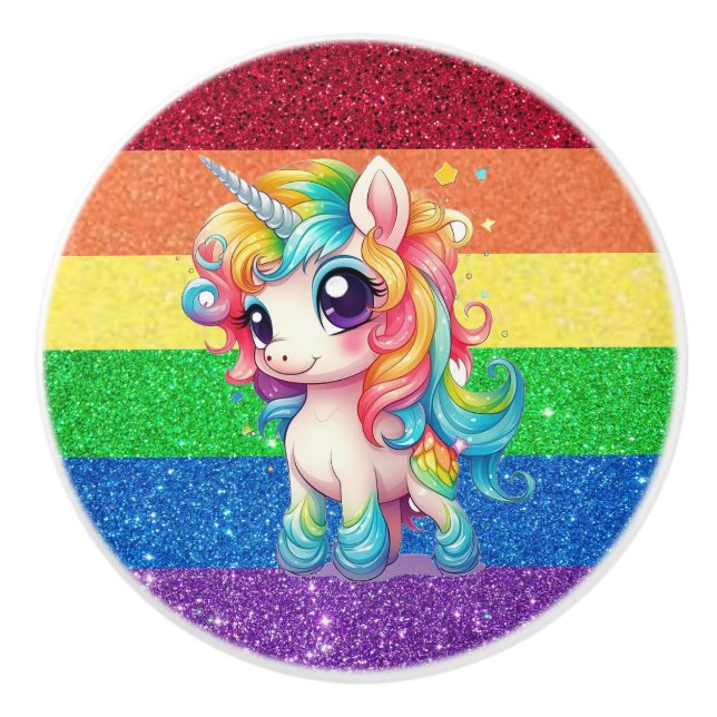 Rainbow Faux Glitter Unicorn Girly Söt Knopp (Framsidan)