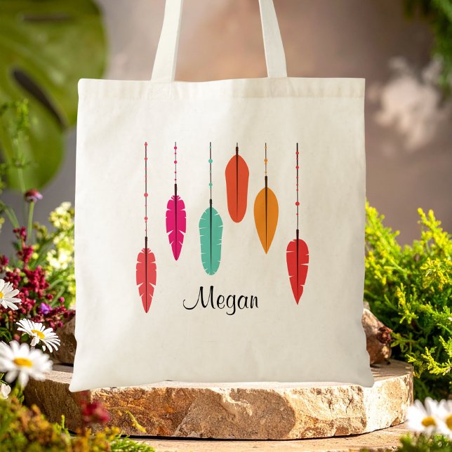 Rainbow Feather Rosa & Orange Boho Monogrammed Tygkasse (Skapare uppladdad)