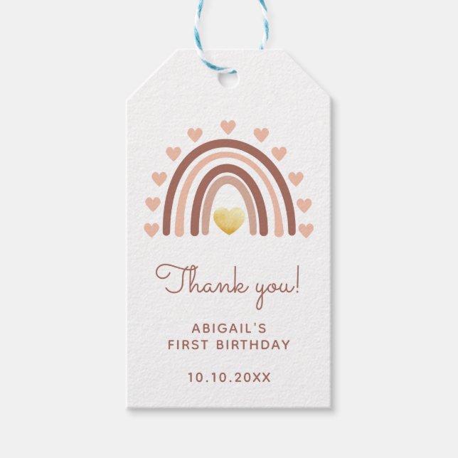 Rainbow First Birthday Tack  Rosa Presentetikett (Framsidan)