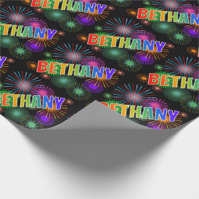 Rainbow First Namn "BETHANY" + Fireworks Presentpapper (Hörn)