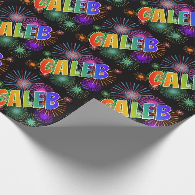 Rainbow First Namn "CALEB" + Fireworks Presentpapper (Hörn)