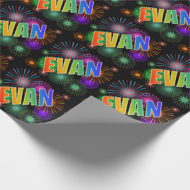 Rainbow First Namn "EVAN" + Fireworks Presentpapper (Hörn)