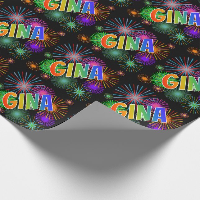 Rainbow First Namn "GINA" + Fireworks Presentpapper (Hörn)