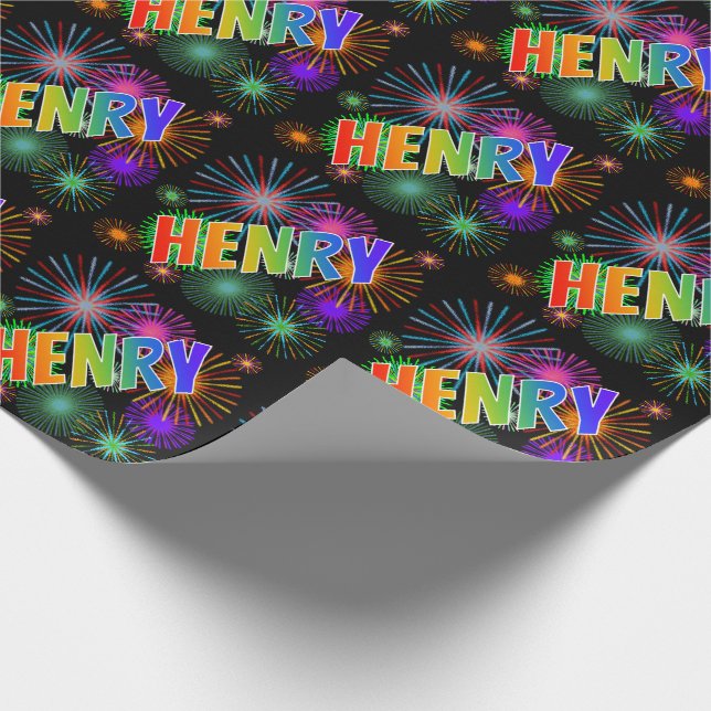 Rainbow First Namn "HENRY" + Fireworks Presentpapper (Hörn)