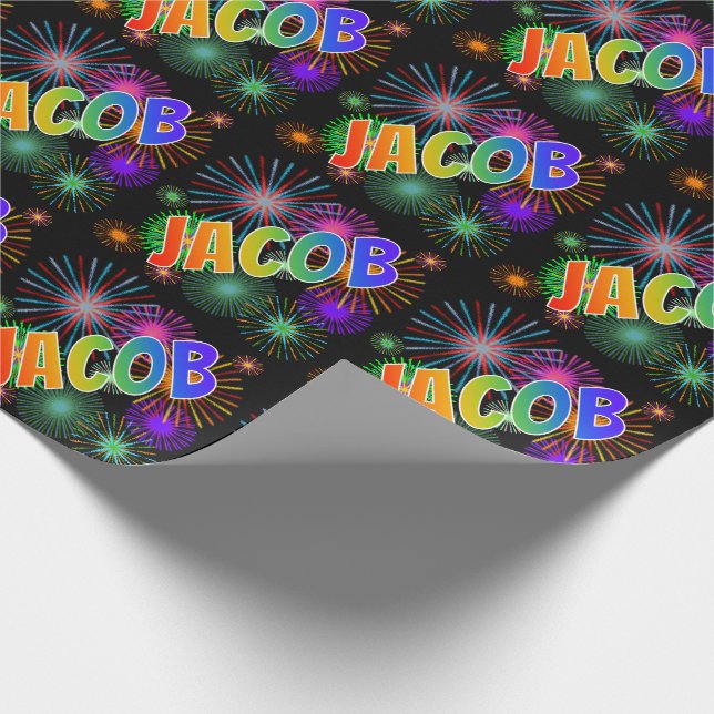 Rainbow First Namn "JACOB" + Fireworks Presentpapper (Hörn)