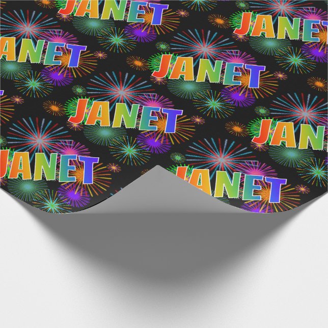 Rainbow First Namn "JANET" + Fireworks Presentpapper (Hörn)