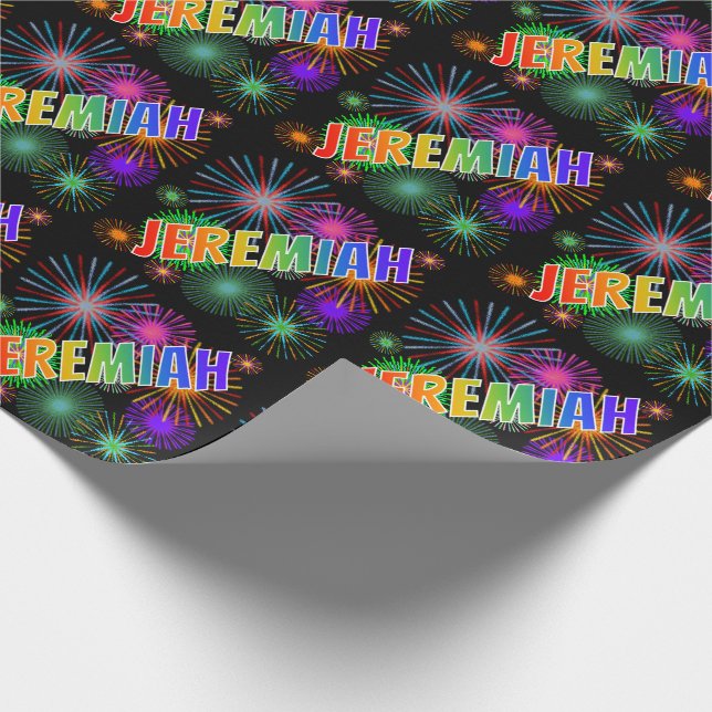 Rainbow First Namn "JEREMIAH" + Fireworks Presentpapper (Hörn)