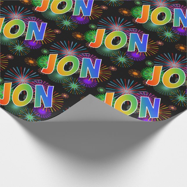 Rainbow First Namn "JON" + Fireworks Presentpapper (Hörn)