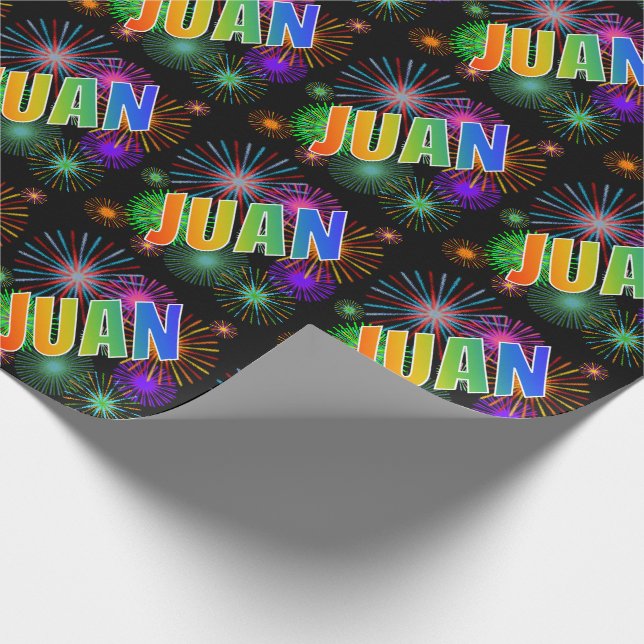 Rainbow First Namn "JUAN" + Fireworks Presentpapper (Hörn)