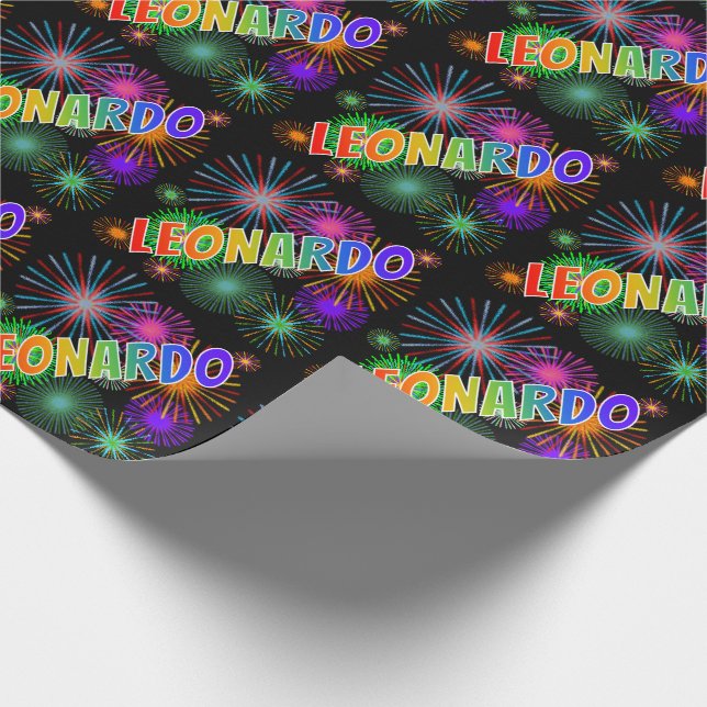 Rainbow First Namn "LEONARDO" + Fireworks Presentpapper (Hörn)