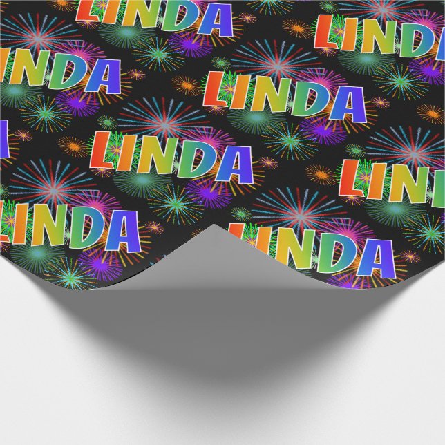 Rainbow First Namn "LINDA" + Fireworks Presentpapper (Hörn)
