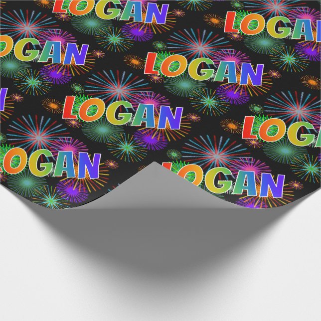 Rainbow First Namn "LOGAN" + Fireworks Presentpapper (Hörn)