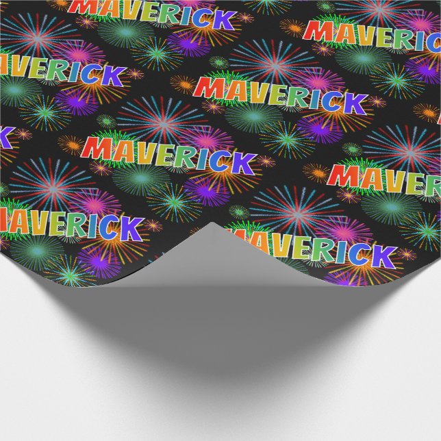Rainbow First Namn "MAVERICK" + Fireworks Presentpapper (Hörn)
