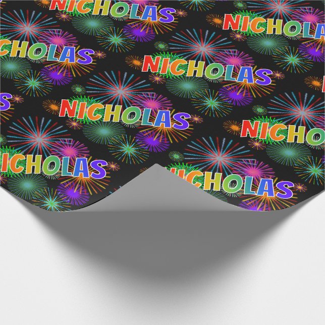 Rainbow First Namn "NICHOLAS" + Fireworks Presentpapper (Hörn)