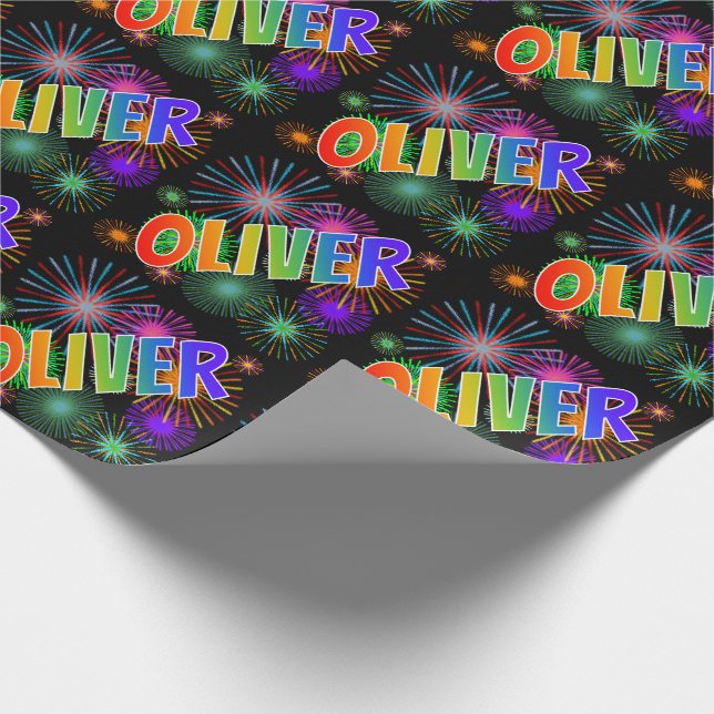 Rainbow First Namn "OLIVER" + Fireworks Presentpapper (Hörn)