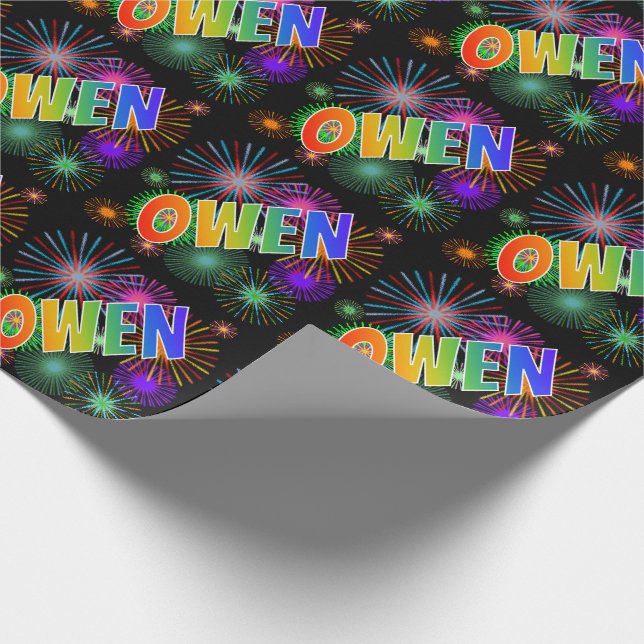 Rainbow First Namn "OWEN" + Fireworks Presentpapper (Hörn)