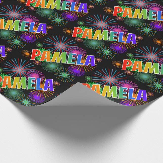 Rainbow First Namn "PAMELA" + Fireworks Presentpapper (Hörn)
