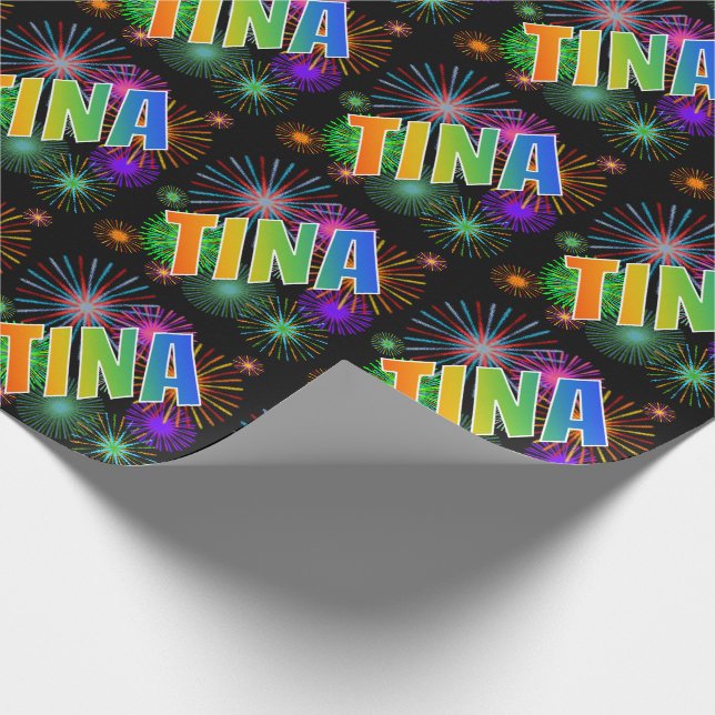 Rainbow First Namn "TINA" + Fireworks Presentpapper (Hörn)