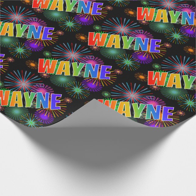 Rainbow First Namn "WAYNE" + Fireworks Presentpapper (Hörn)