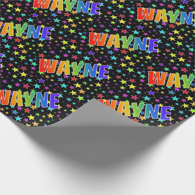 Rainbow First Namn ’WAYNE’ + Stars Presentpapper (Hörn)